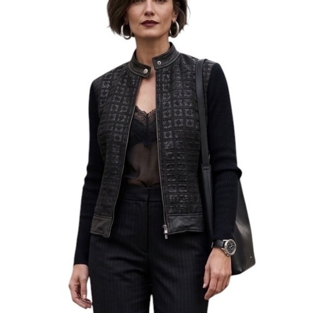 Finity Studio Womens Black Metallic Grid Mixed Media Leather Trim Jacket Size 4